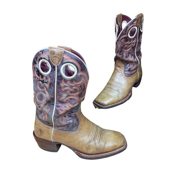 Ariat Western Cowboy 2 Tone‎ Boots Shoes Leather Embroidered Brown Tan Mens  8.5 - Picture 1 of 9